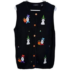 Crystal Kobe Black Halloween Sweater Vest Med Ghosts Pumpkins Button Front EUC